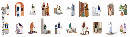 Obraz na płótnie Illustrations of Muslim men in traditional clothing performing various religious activities, daily routines, and spiritual practices in diverse settings