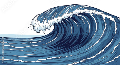 Large blue ocean wave cresting with white foam against a white background