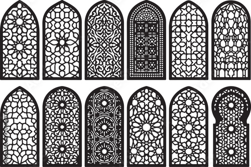 Islamic window patterns, stained glass designs, arched panel set, black and white vector