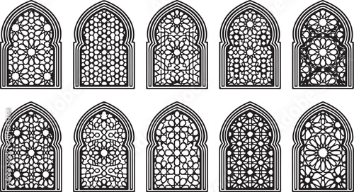 Islamic window patterns, stained glass designs, arched window ornaments, 10 piece vector set