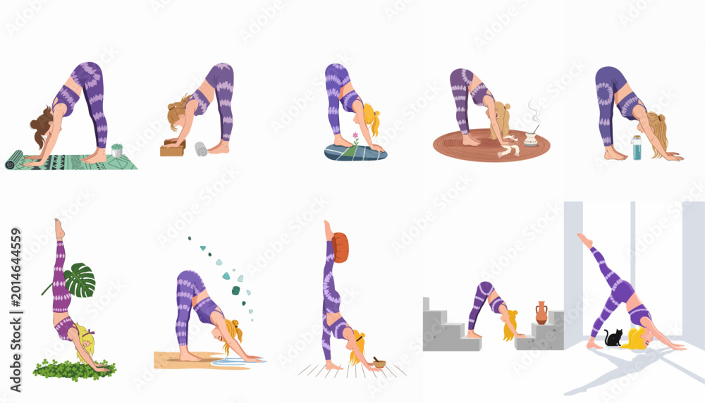 Obraz premium Set of illustrations depicting a young woman performing various yoga poses and stretches in different indoor and outdoor environments.