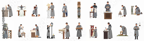 Photos Set of illustrations depicting medieval monks and sacristans performing various daily tasks, chores, and religious duties within a monastery or church setting