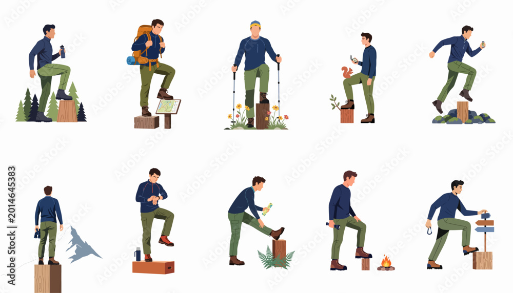 Fototapeta premium Set of flat vector illustrations featuring a male hiker participating in various outdoor activities like trekking, navigating, camping, and mountain climbing.