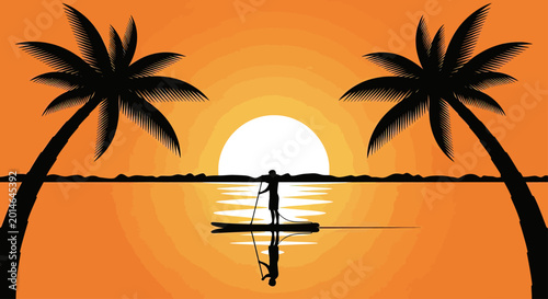 Lone figure paddles on calm water against a vivid sunset framed by palms