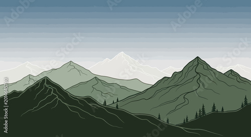 Obraz na plátně A stylized, minimalist depiction of distant, layered mountains under a gradient