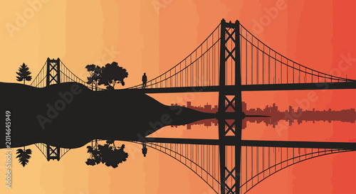 Bild auf Leinwand A lone figure crosses a silhouetted bridge at sunset, reflecting perfectly