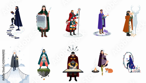 Foto Collection of flat fantasy characters and mages featuring wizards, sorcerers, and magical beings with unique items and mystical companions in a minimalist style