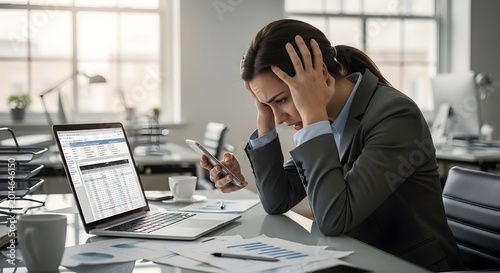 Stressed businesswoman on laptop, analyzing data spreadsheets