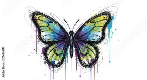 Tableau sur toile Artistic butterfly illustration with drippy paint accents in vibrant colors