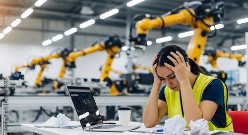 Stressed Professional Using Laptop Near Industrial Robotics Machinery