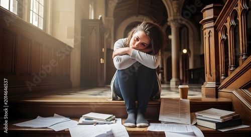 Student contemplating study in empty classroom setting
