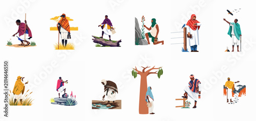 Fotografie Flat illustration set of African men in traditional clothing engaged in various outdoor activities including tracking, observing nature, and traveling across landscapes