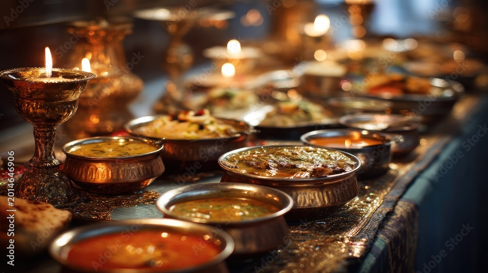 Fototapeta premium Traditional Indian Feast with Colorful Curry Dishes, Candles and Brass Utensils for a Festive Atmosphere in a Cultural Dining Setting