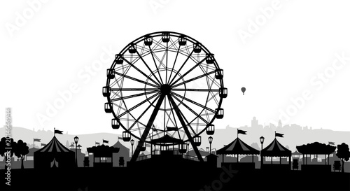 Obraz na plátně Black silhouette of a Ferris wheel dominates a festive fairground with tents, st