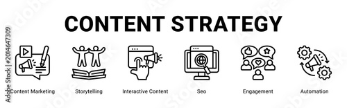 Content Strategy web banner icon concept,  with Content Marketing, Storytelling, Interactive Content, Seo, Engagement, Automat.