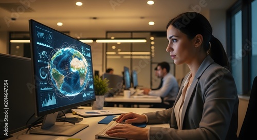 Successful businesswoman analyzes global data on futuristic screen