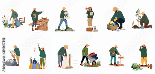 Photos Flat vector illustration of a diverse group of community volunteers engaged in various environmental activities like cleaning, planting, and recycling