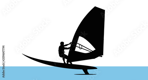 Bild auf Leinwand Silhouette of a windsurfer on a board with a sail against a white background