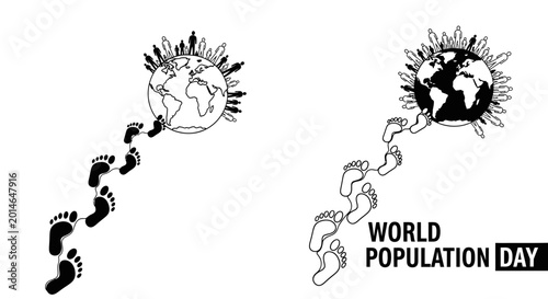 Quadro su tela World Population Day conceptual illustration with earth and human footprints