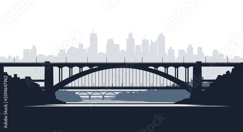 Arching bridges and city skyline silhouettes layered over water