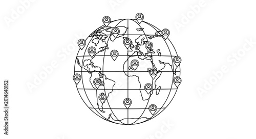 Black and white hand drawn globe illustration with location pins.