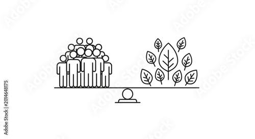 Foto Illustration of people and nature balanced on a scale.