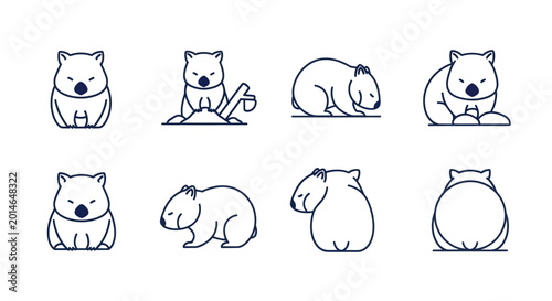 Bild auf Leinwand Wombat Icon Set: Cute Australian Marsupial Line Art Illustrations