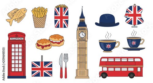 Fotografía London Icons Collection: Big Ben, Red Bus, Phone Booth, Fish & Chips, Scones, Un