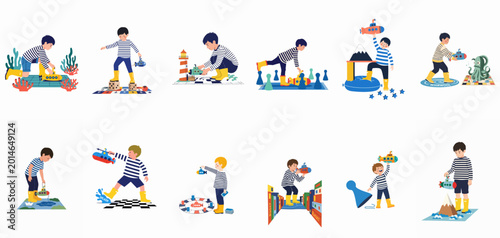Foto Illustrations of a little boy in a striped shirt and yellow boots playing with toy submarines in different imaginative game-like sea adventure scenarios