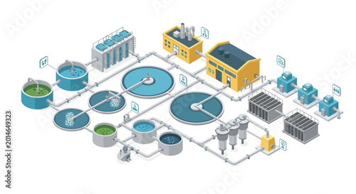 Bild auf Leinwand Isometric Illustration of Water Treatment Plant with Detailed Infrastructure