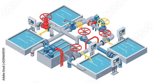 Obraz na płótnie Isometric Illustration of Water Treatment Plant with Pipes and Valves