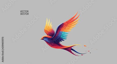 Bilde på lerret Vivid, stylized bird with outstretched wings, in flight with a trailing tail