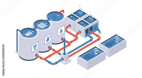 Billede på lærred Isometric Illustration of Water Treatment Plant with Tanks and Pipes
