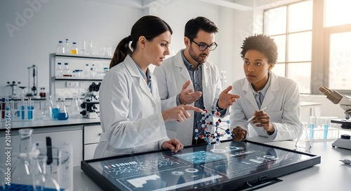 Three scientists collaborating on medical research and technology