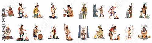Foto Large collection of flat vector illustrations depicting Native American shamans and indigenous people performing traditional rituals, ceremonies, and spiritual practices with fire and herbs