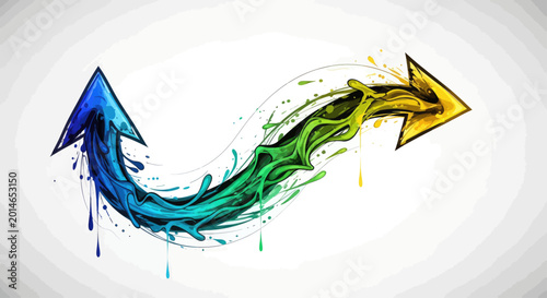 Fotografi A dynamic, wavy arrow transitions from blue to yellow with a liquid paint splash
