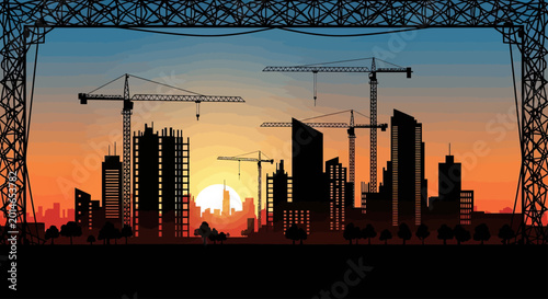 Photos Silhouetted city skyline under construction at sunset, framed by industrial stru