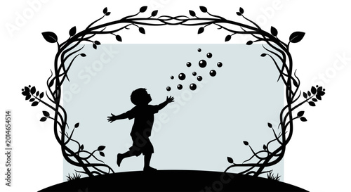 Foto Silhouette of a child blowing bubbles within a vine frame
