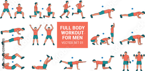Фотография Comprehensive Set of Full Body Workout for Men Vector Illustrations Featuring Va