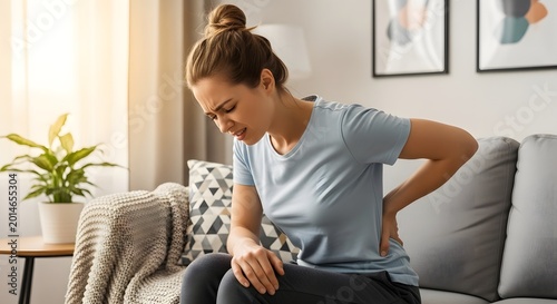 Woman experiencing back pain sitting on a comfortable sofa