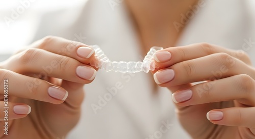 Woman holding clear dental aligners for orthodontics care