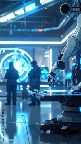 A futuristic laboratory with robotic arms and technicians (14)