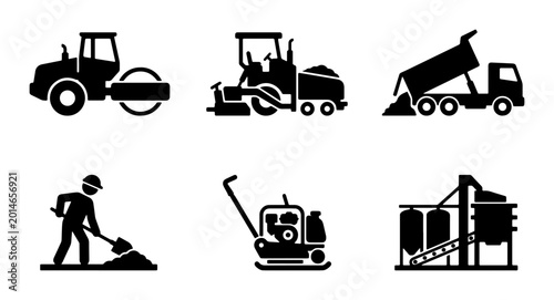 Tableau sur toile Construction Equipment Icons, Road Roller, Bulldozer, Dump Truck, Worker, Compactor, Silo Set