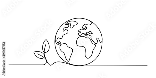 Bild auf Leinwand Continuous single line drawing of planet earth globe with a small sprout growing