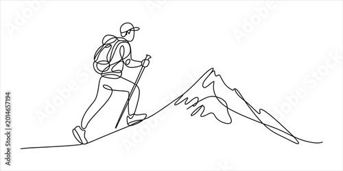 Cuadro en lienzo Continuous single line drawing of a man with a backpack hiking up a steep mounta