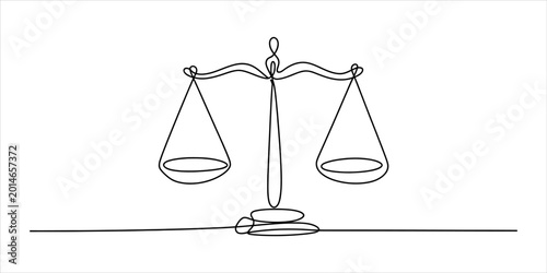 Foto Continuous single line drawing of a law scale icon representing justice and lega