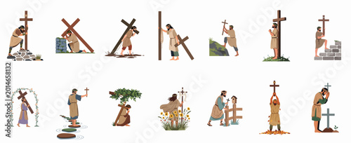 Photos A collection of vector illustrations showing a man representing Jesus Christ carrying the cross, praying, and on a spiritual journey in various settings