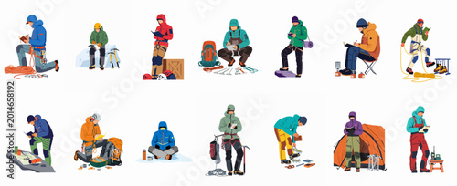 Tableau sur toile Vector illustration set of mountaineers and explorers preparing gear, planning routes, and resting during mountain expeditions, isolated on white background