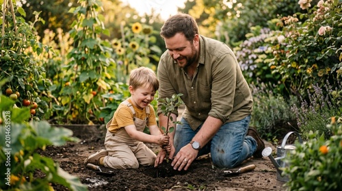 Happy father and young son planting a sapling together in a sunny backyard garden during golden hour
