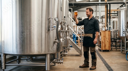 Professional brewer inspecting a glass of craft beer in a modern brewery with stainless steel tanks